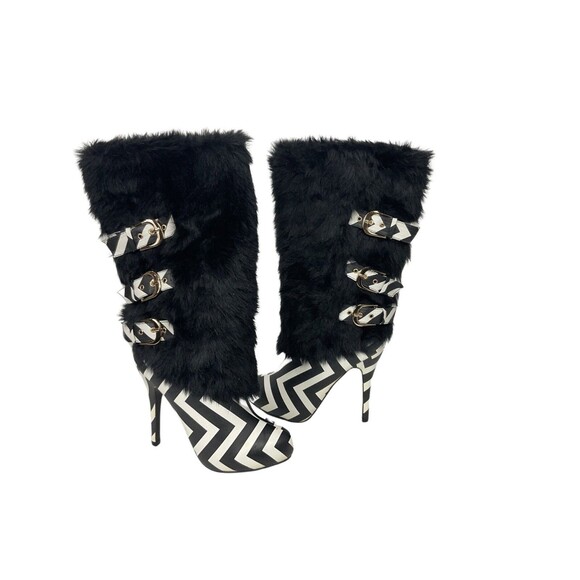 Ami Clubwear Faux Fur Striped Boots Size 8.5 Look Unworn 4.75" High Heel Gothic - Picture 4 of 11